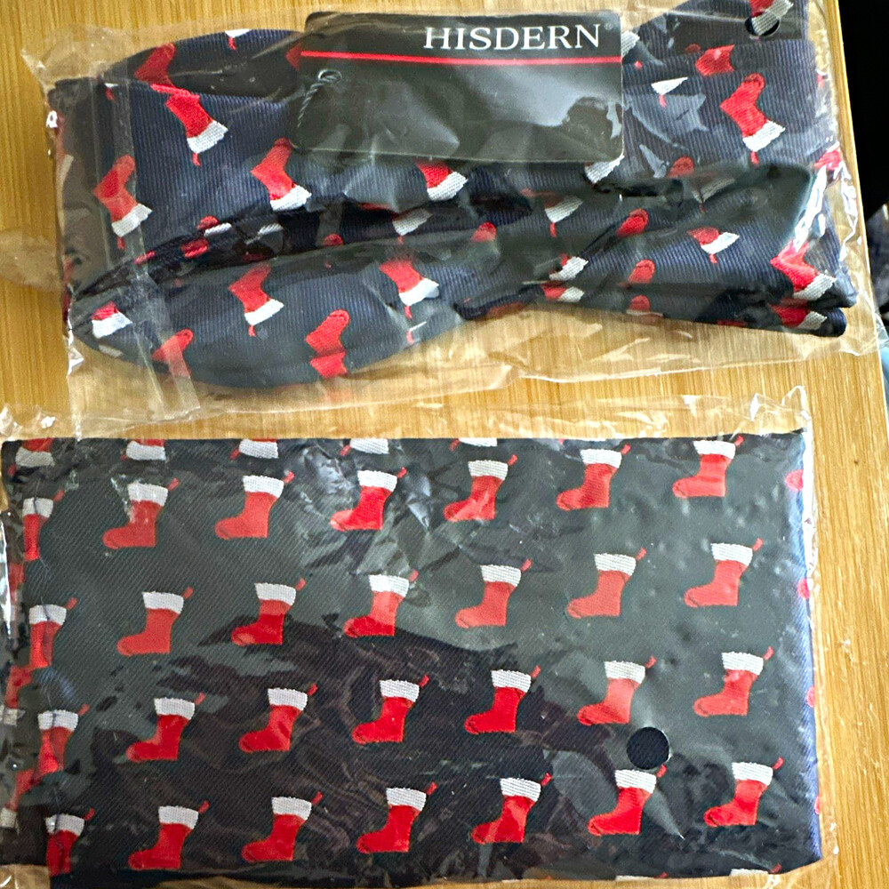 HISDERN Men’s Silk Woven BowTie Set Navy Blue Red White Christmas Stockings